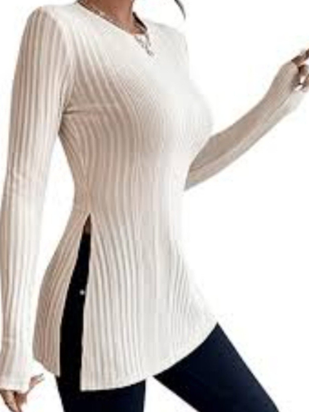 Shein Ribbed Long-Sleeve Side-Slit Top - Cream